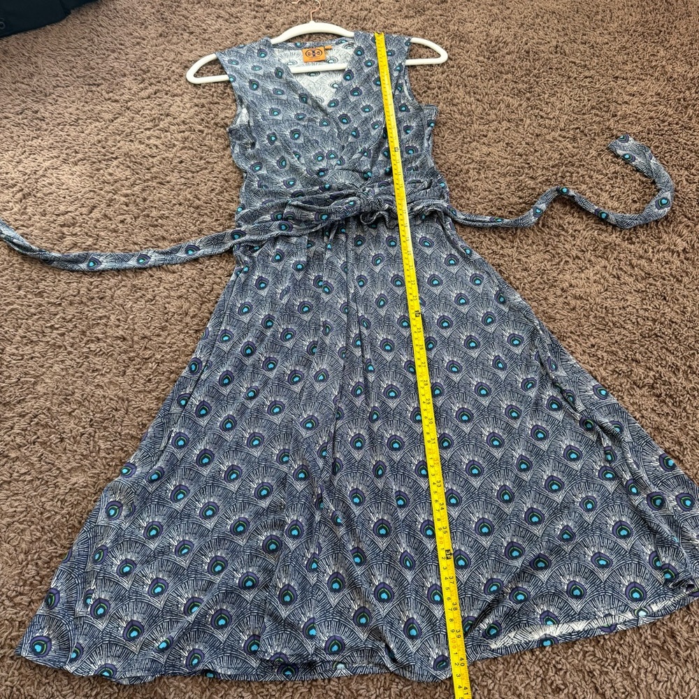 Tory Burch 100% Silk Wrap Dress Peacock Feather Print Sleeveless Purple Blue S - Picture 8 of 13
